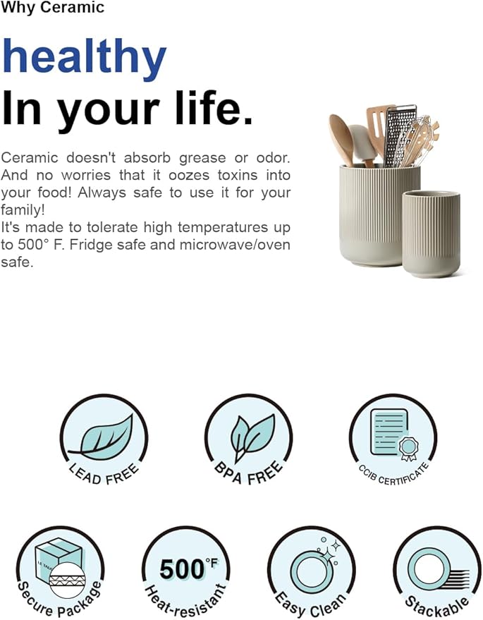 LE TAUCI Utensil Holder, 7.3"+5.4" Ceramic Kitchen Utensil Holder for Countertop, Large Cooking Utensil Crocks for Kitchen Counter, Modern Utensil Organizer for Spatula, Set of 2, Oatmeal Greige