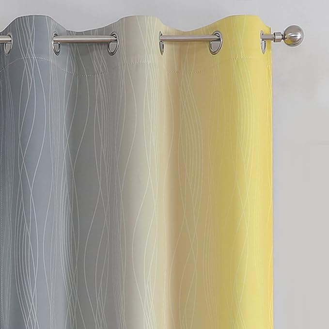 Ombre Gray and Yellow Blackout Curtains 45 Inch Length 2 panels, Full Room Darkening Curtains for Kids Room, Grommet Thermal Insulated Gradient Drapes, Light Blocking Curtains for Bedroom, 42x45 Inch