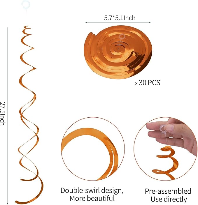 30 Pieces Orange Hanging Swirls Whirls Party Decoration Foil Swirl Ceiling Decor Plastic Streamer Party Supplies for Home Office Classroom Children's Birthday Baby Shower Wedding Decorations