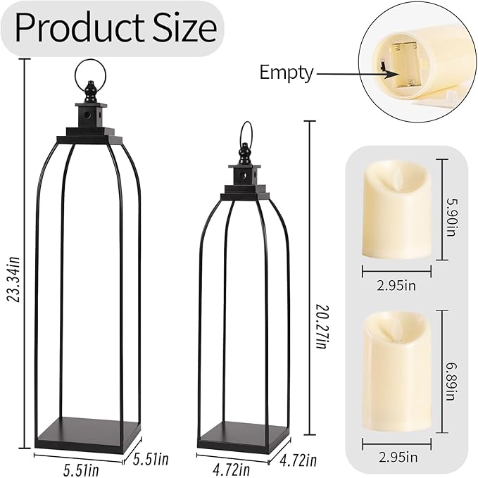 19'' 22'' Decorative Candle Lanterns, Large Farmhouse Decorative Metal Lanterns with 2 Flameless Candles, Black Candle Lanterns for Home Porch Fireplace Decor & Indoor and Outdoor Use