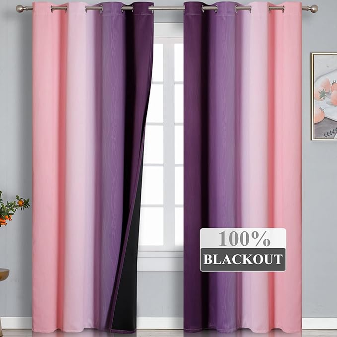 Ombre Pink and Purple Blackout Curtains 84 Inches Long, Full Room Darkening Curtains for Bedroom, Completely Light Blocking Grommet Thermal Insulated Gradient Drapes for Kids Room,52x84 Inch, 2 Panels