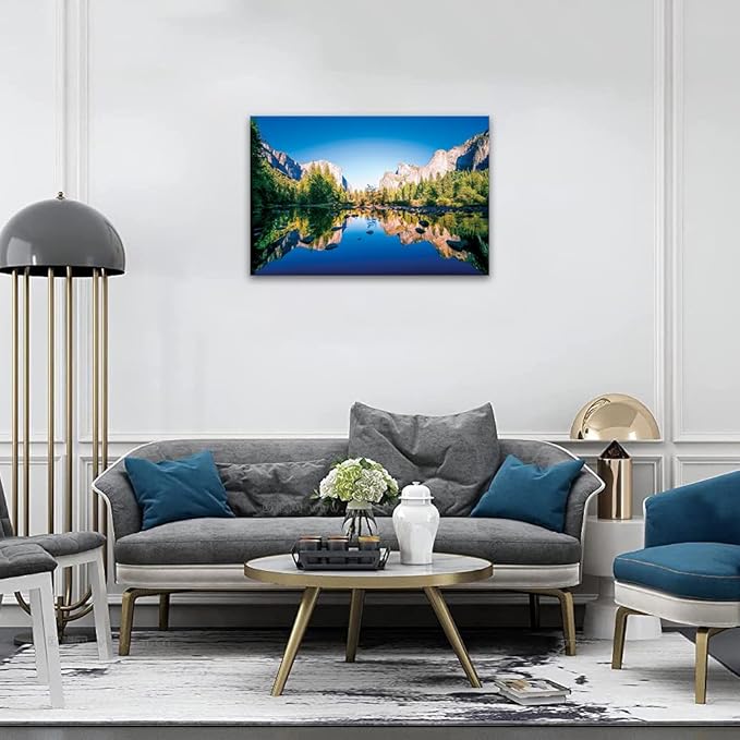 SKASNFAI Yosemite National Park Canvas Wall Art Forest Artwork Blue Lake Picture Prints Framed Home Decor for Bedroom Living Room (28x44 inch)