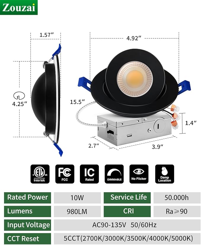 zouzai Second Generation 5CCT LED Gimbal Led Recessed Light with Junction Box, 360ยฐ+90ยฐ Adjustable Directional Eyeball Lighting, Dimmable, 2700K-5000K,ETL&Energy Star (Black 1 Pack, 4 inch)