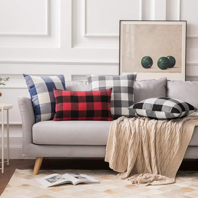 MIULEE Pack of 2 Classic Farmhouse Buffalo Check Plaids Polyester Linen Soft Soild Square Throw Pillow Covers Grey and White Home Decor Outdoor Cushion Case for Sofa Bedroom 20 x 20 Inch 50 x 50 cm