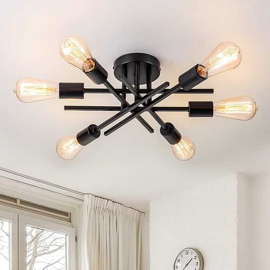 Sputnik Chandeliers, Modern Semi Flush Mount Ceiling Light with E26 Base, Mid Century Industrial Kitchen Farmhouse Light Fixtures for Bedroom Living Room (Black, Ceiling 6 Lights)