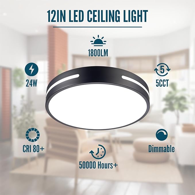 LED Ceiling Light Flush Mount 24W, Black Kitchen Light Fixture Ceiling Mount Dimmable Set of 2, 12 inch Close to Ceiling Light Fixture 5CCT for Bedroom, Bathroom, Living Room