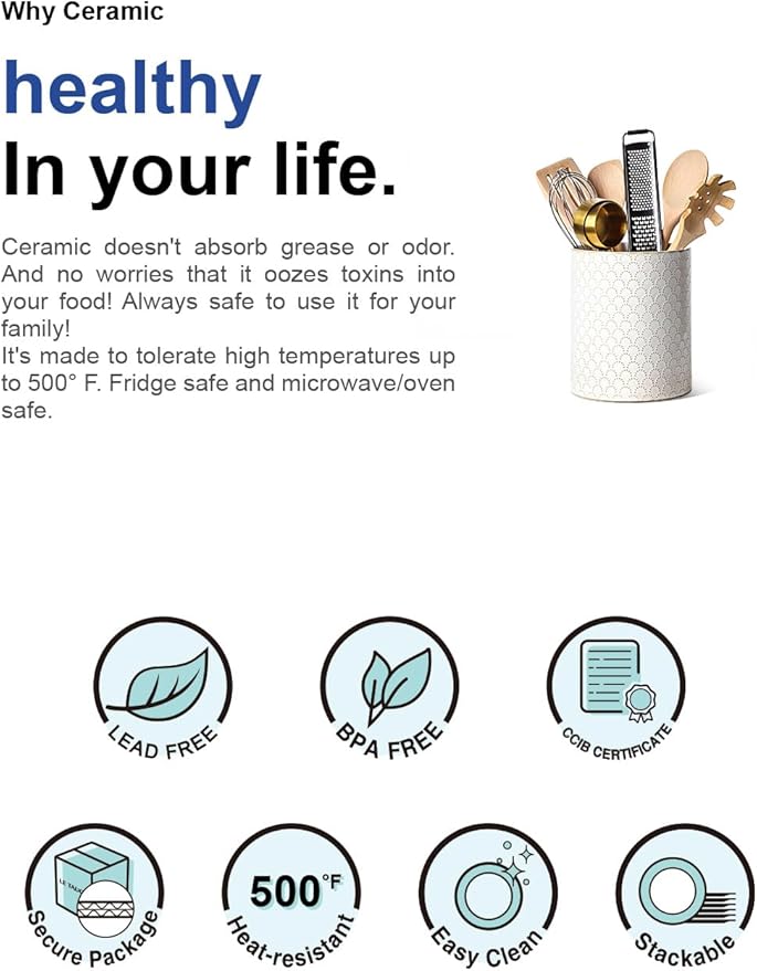 LE TAUCI Utensil Holder, 7.1" Ceramic Kitchen Utensil Holder for Counter top, Embossed Cooking Utensil Organizer for Spatula & Spoon, Kitchen Decor, Set of 1, Arctic White,Fireworks