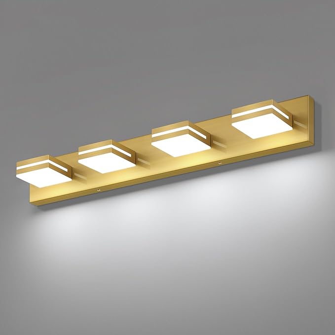 SineRise LED Modern Bathroom Vanity Light Fixtures (4-Light, 30-Inch), Brass Modern Acrylic Bathroom Wall Lighting Fixtures Over Mirror (Cool White 6000K)