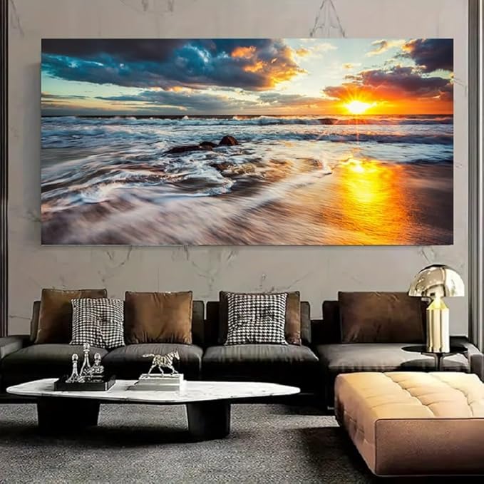 Yxbhhym-Large Ocean Wall Art for Living Room Canvas Beach Painting Sunrise Print Art Sunset Seascape Wall Pictures Yellow Sea Waves Poster Decoration Office Kitchen Wall Dรฉcor Bedroom Accessories