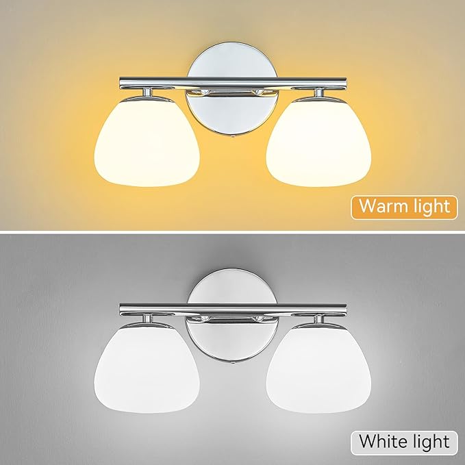 Modern 2 Light Bathroom Vanity Light Chrome Vanity Light Bathroom Light Fixtures Over Mirror with Milk Glass Shade Bathroom Wall Sconce