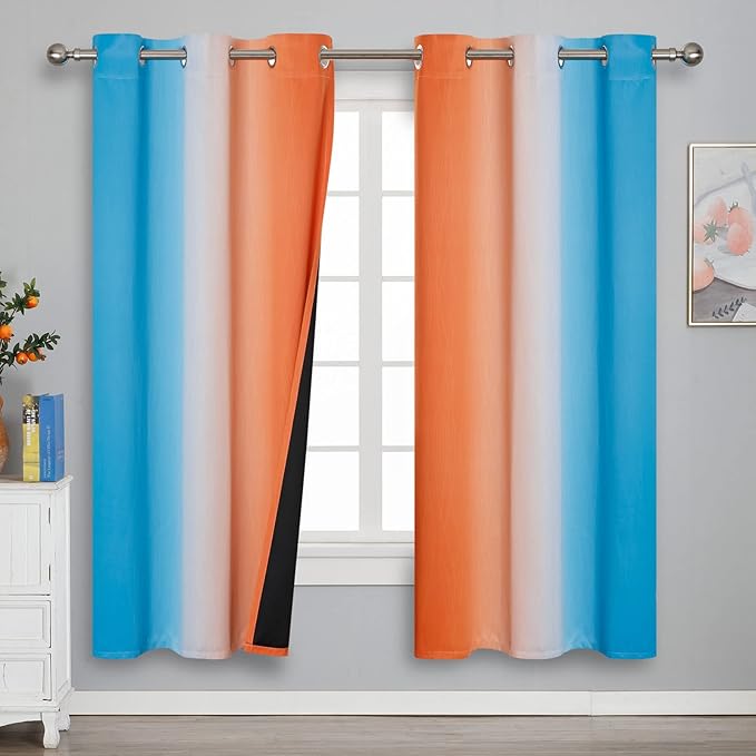 Ombre Orange and Blue Blackout Curtains 72 Inch Length 2 panels, Full Room Darkening Curtains for Bedroom, Thermal Insulated Gradient Drapes, Full Light Blocking Curtains with Grommet, 42x72 Inch