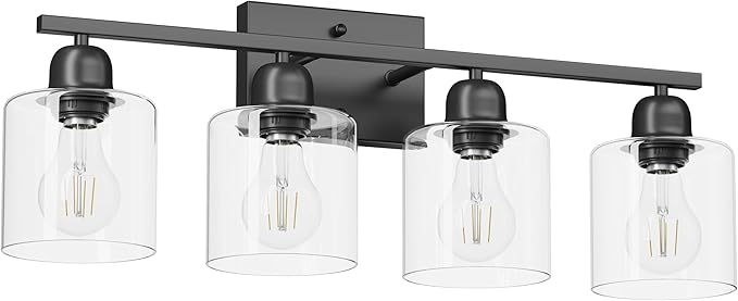 Black Vanity Lights for Bathroom 4 Light, Black Bathroom Light with Clear Glass, Wall Lights for Mirror Living Room Bedroom Hallway E26 Base