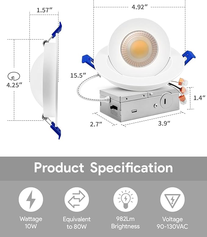Adetu 4 inch Gimbal Led Recessed Lights, 360°+90° Adjustable Directional Recessed Lighting, 2700K/3000K/3500K/4000K/5000K Dimmable Retrofit Eyeball Can Lights with Jbox,ETL(White,12 Pack)