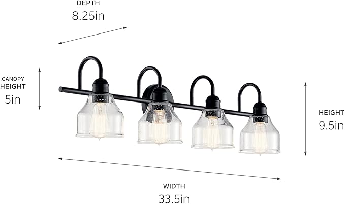 KICHLER Avery 33.5" Bathroom Vanity Industrial 4 Light Wall Fixture with Clear Seeded Glass in Black, for Bathroom (8.25" x 33.5" x 9.5") 45974BK