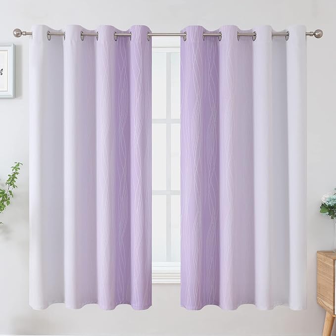 Estelar Textiler Lilac and Greyish White Blackout Curtains 63 Inch Length 2 Panels Set, Room Darkening Grommet Ombre Curtains for Bedroom, Thermal Insulated Light Blocking Gradient Drapes, 52Wx63L
