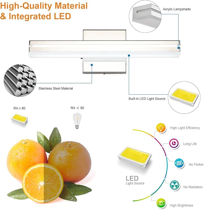 SineRise LED Modern Bathroom Vanity Light Fixtures (16-Inch, 3000K/4000K/6000K, Dimmable), Chrome Modern Acrylic Bathroom Wall Lighting Fixtures Over Mirror