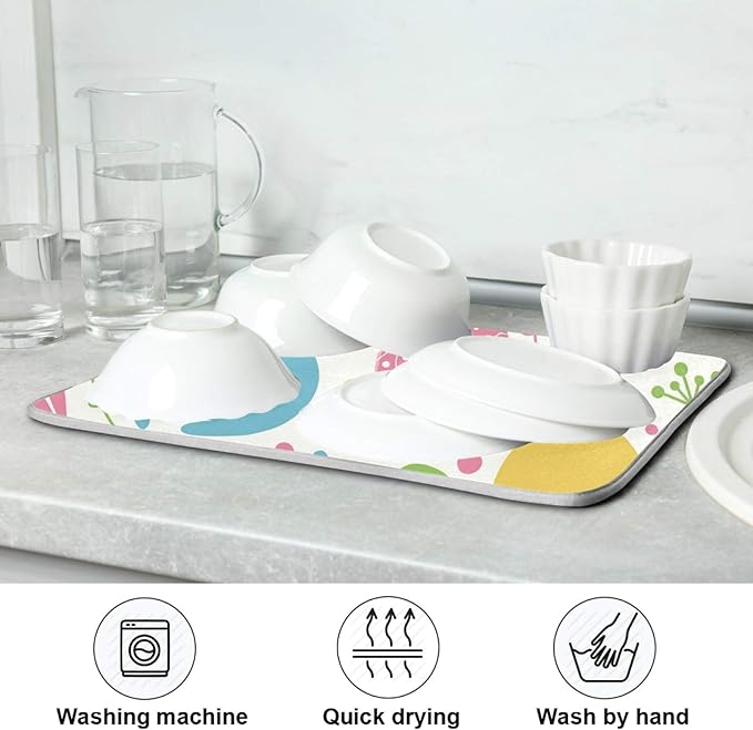 Flowers Eggs Bunny Easter Dish Drying Mat 16 X 18 Inches Spring Rose Leaves Peeps Rabbits Dry Dishes Pads Mats for Kitchen Tableware Protector Countertops Counter Home Decorations