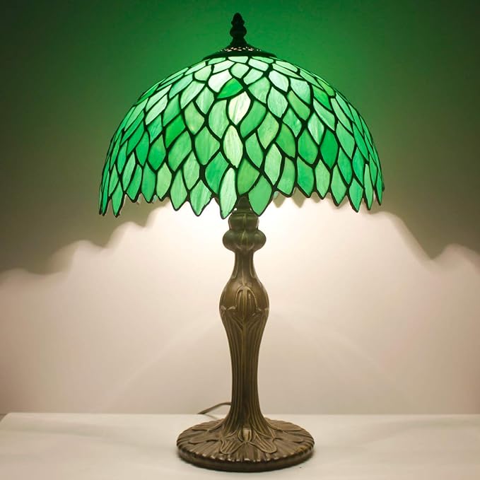 WERFACTORY Tiffany Table Lamp Green Wisteria Style Stained Glass Desk Bedside Reading Light 12X12X18 Inches Decor Bedroom Living Room Home Office S523 Series