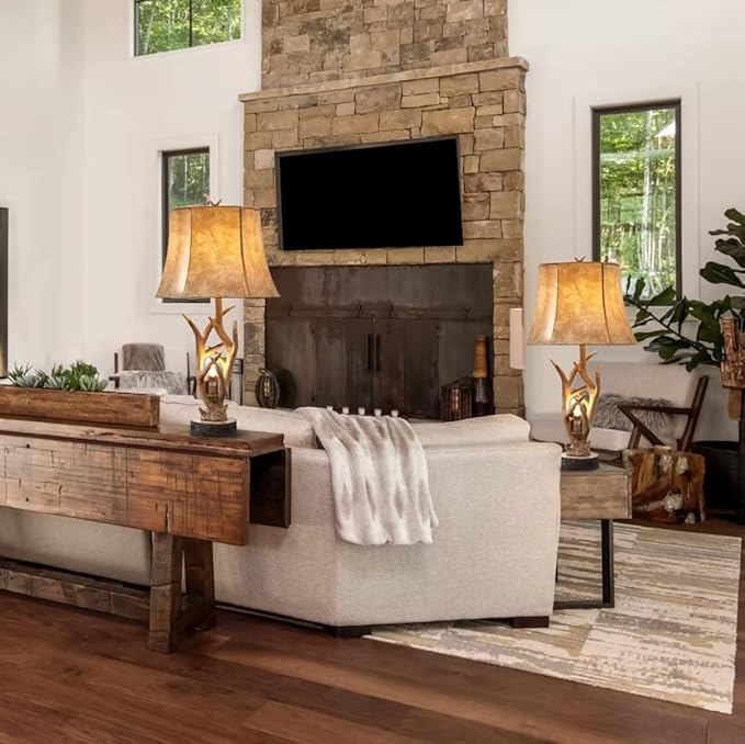 Dungoo Rustic Western Deer Table Lamps with Nightlight Set of 2, 26" Rustic Bedside Lamps for Bedroom with 2 USB Ports, Natural Antler Table Lamp for Christmas Living Room Foyer Office