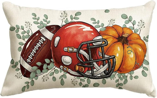 AVOIN colorlife Fall Football Pumpkin Throw Pillow Cover 12x20 Inch, Seasonal Autumn Eucalyptus Leaves Thanksgiving Harvest Cushion Case Decoration for Sofa Couch