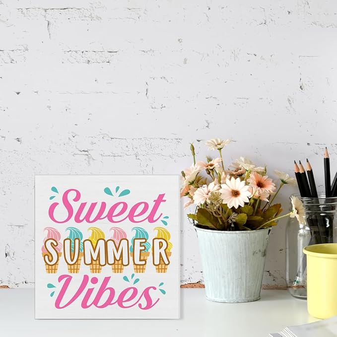 Summer Decor Sweet Summer Vibes Wood Block Sign Home Kitchen Desk Table Shelf Decoration