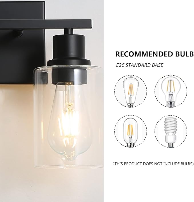 EMONG 2-Lights Bathroom Light Fixtures, Matte Black Vanity Light with Glass Shade, Modern Wall Sconces Lighting for Bathroom,Mirror,Farmhouse,Hallway