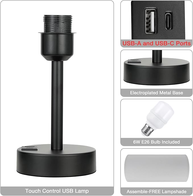 Grey Touch Nightstand Lamps for Girl - Small Bedside Lamp with USB-C and USB Charging Ports, 3 Way Dimmable Control Table Lamp for Living Room Office, Dorm, Reading with Fabric Shade Black Base