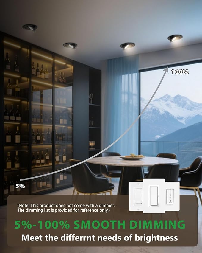 zouzai 1 Pack 4 inch Black 5CCT LED Gimbal Led Recessed Light with Junction Box, 360ยฐ+90ยฐ Adjustable Directional Eyeball Lighting, Dimmable, 2700K/3000K/3500K/4000K/5000K,10W=90W-ETL&Energy Star