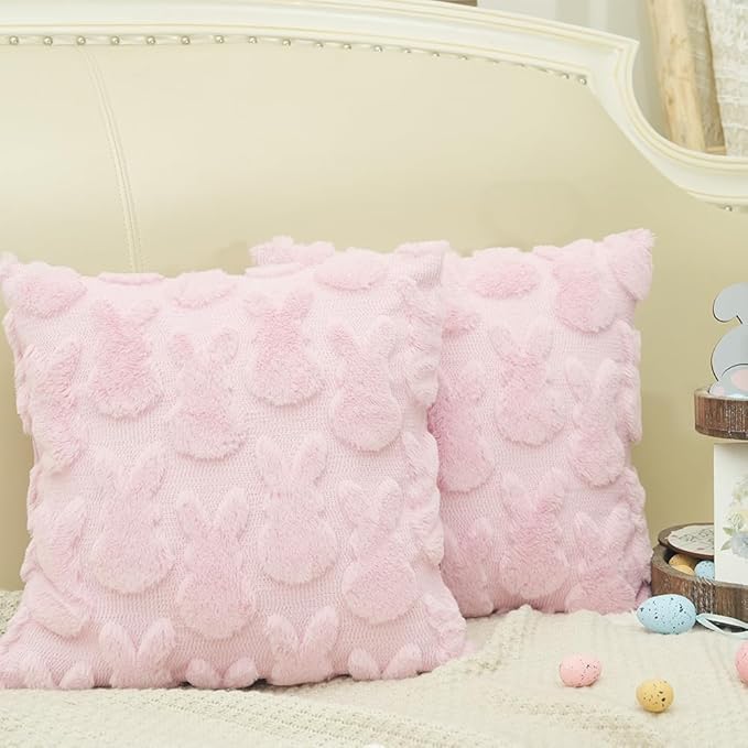 GEEORY Easter Bunny Soft Plush Pillow Covers, 18 x 18 Inch Set of 2, Fluffy Faux Fur Wool Decorative Farmhouse Cushion Case for Sofa Home Decoration Pink GC015-18