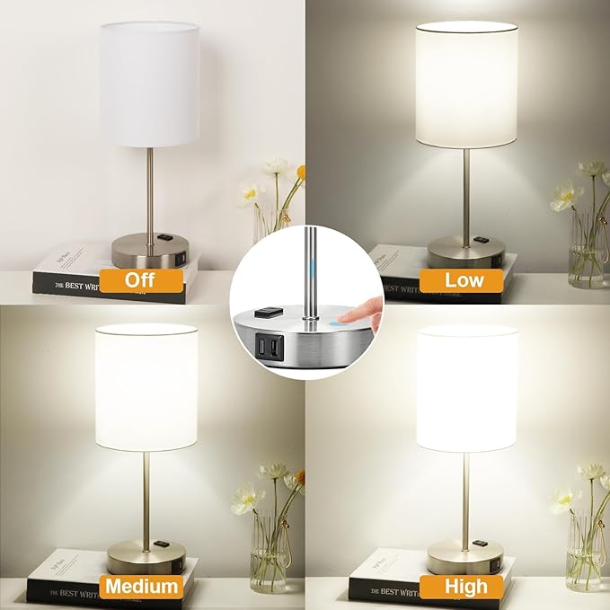๐ฎ๐ฌ๐ฎ๐ฏ ๐ก๐๐ช Set of 2 Touch White Table Lamps with 2 USB Ports & AC Outlet, 3-Way Dimmable Bedside Nightstand Lamps for Bedroom Living Room Nursery , 800 Lumens 5000K Daylight Bulbs Included