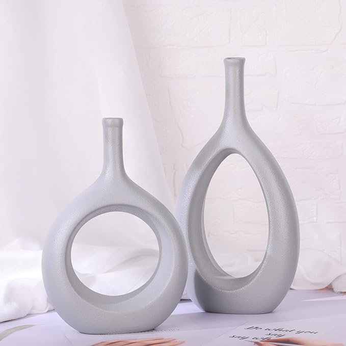 Gray Ceramic Hollow Elliptical Vase Set of 2 - Boho Circle Vase with Hole, for Modern Grey Table Decor, Living Room Decor Shelf mid Century Modern Home Entrance Decorative vase