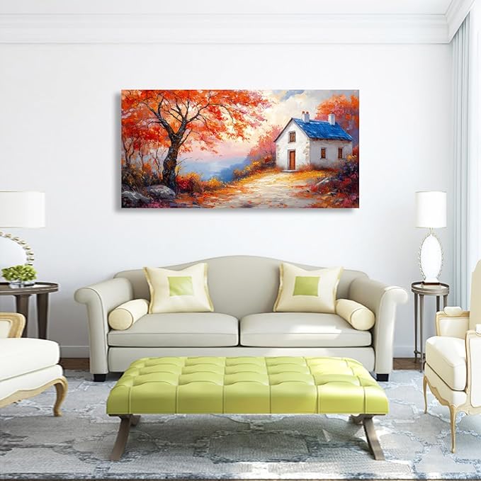 Autumn Scenery Canvas Wall Art Bedroom Wall Decor Living Room,Abstract Wall Art Office Paintings Artwork Modern Abstract Village House Red Tree Pictures Art Prints Ready to Hang-20x40inch