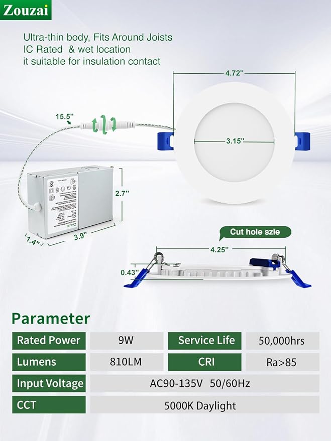 zouzai 24 Pack 4 Inch Ultra-Thin LED Recessed Ceiling Light with Junction Box, 5000K Daylight, 9W 80W Eqv, Dimmable Can-Killer Downlight, 810LM High Brightness - ETL and Energy Star Certified