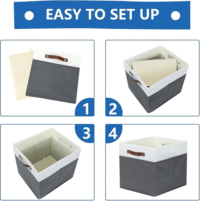 Temary Cube Storage Bins 4Pack Foldable Cube Baskets for Clothes Shelf Storage Basket with Handles, Storage Box Fabric Storage Organizer Bins for Home (White&Grey, 13x15x13 Inch)