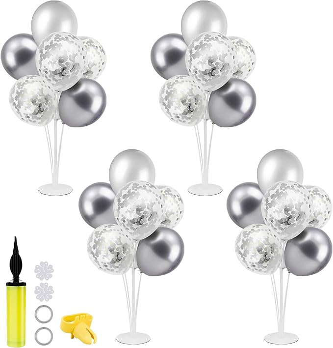 Silver Balloon Stand Centerpiece Table Decorations for 25th Wedding Anniversary Birthday Bridal Shower Father's Day Mother's Day Platinum Party Decorations(Silver gray set4)