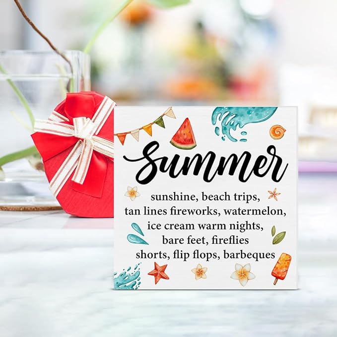 Beach Decor Summer Beach Wood Block Sign Summer Definition Decorations for Home Desk Table Shelf 5 x 5 Inches