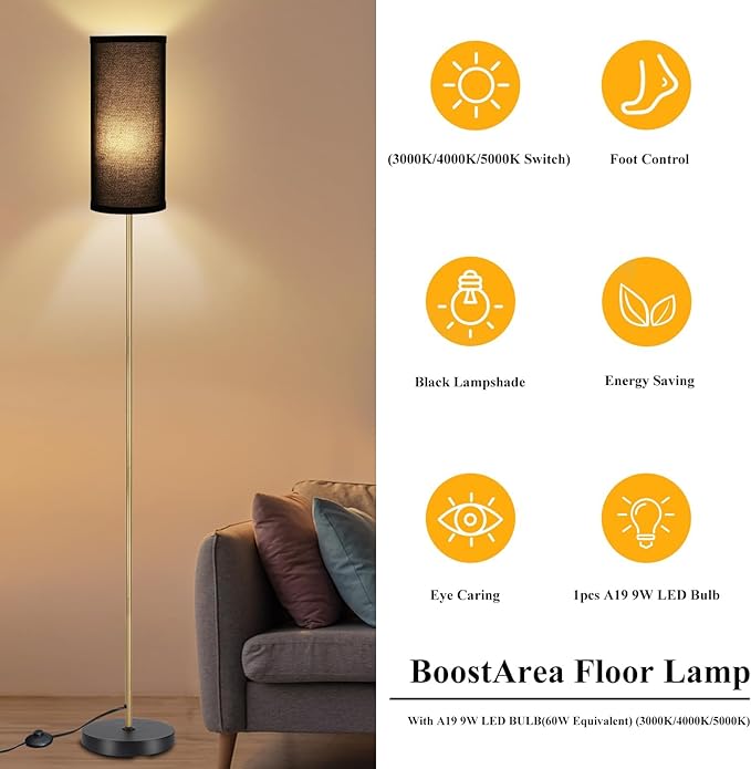 BoostArea Floor Lamps for Living Room with 9W Dimmable Led Bulb, 65in Industrial Floor Lamps, Black Classic Tall Lamp for Office, Gold Dimmable Standing Lamp for Bedroom/Kids Room