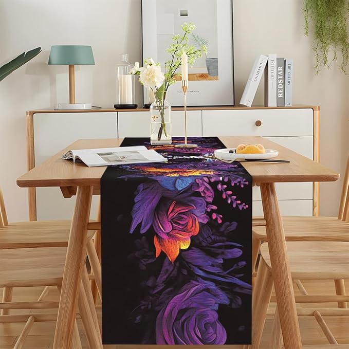 ANNA QUEEN Flowers Table Runner 13 x 72 Inch for Dining Table, Table Runner for Spring & Holiday Dining Decor Indoor Outdoor Party Home Table Decoration (Skull Flowers)