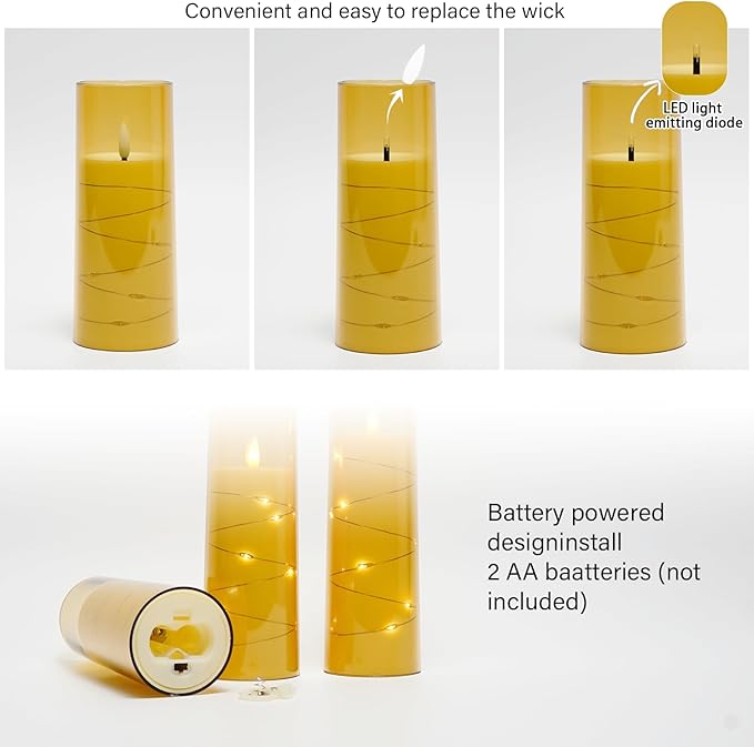 Flameless LED Candles with Timer 5 Pc Flickering Flameless Candles for Romantic Ambiance and Home Decoration Stable Acrylic Shell,with Embedded Star String,Battery Operated Candles(Gold)
