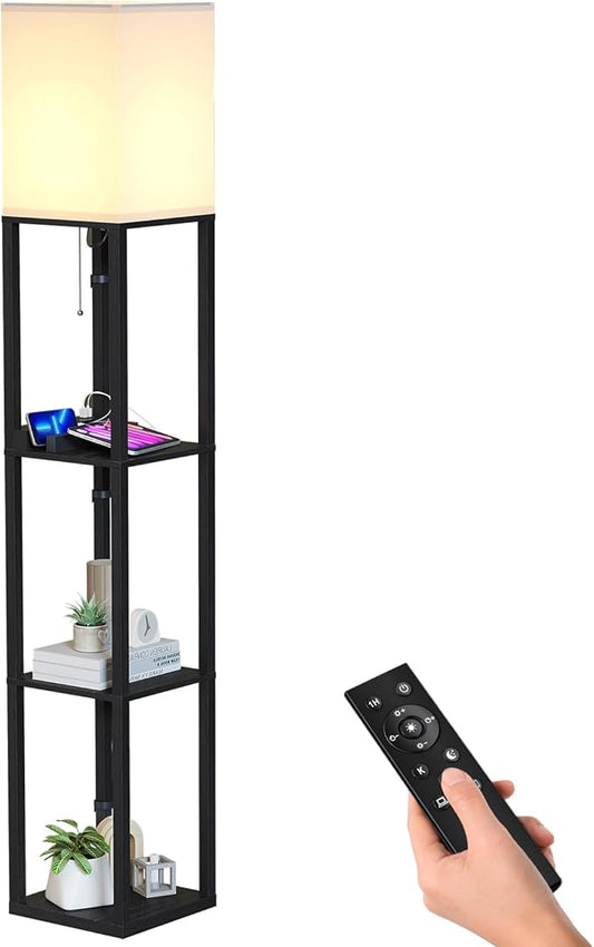 SUNMORY Shelf Lamp with Remote Control, Stepless Color Temperature & Dimmable, Floor Lamp with Shelves with 2 Usb Charging Ports and 2-Hole Socket, Solid Wood Tall Lamps for Living Room, Bedroom,Black