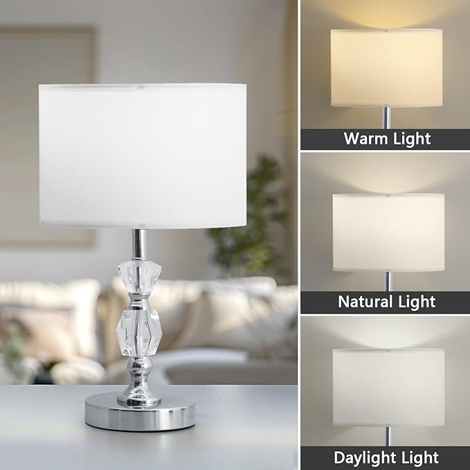 Crystal Table Lamps Set of 2, 3-Color Dimmable Modern Nightstand Lamp for Living Room/Bedroom/Entryway and Other Rooms, Led Bulb Included