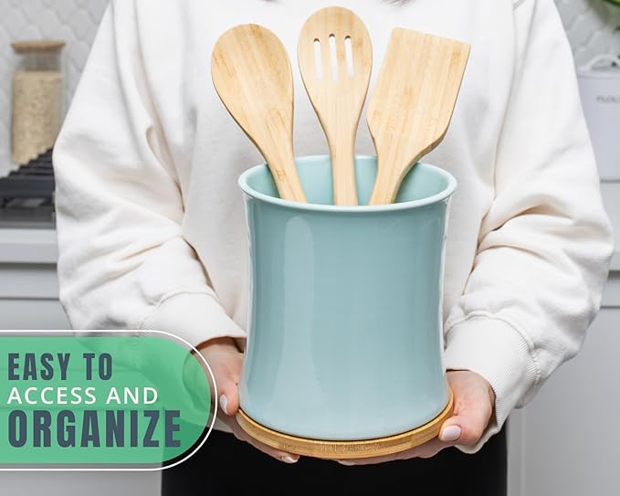 Comfify Large Ceramic Kitchen Utensil Holder with Bamboo Base - Modern Utensil Crock for Countertop Organization - Kitchen Counter Organizer for Cooking Tools, Spatulas, Spoons & More - Blue Ceramic