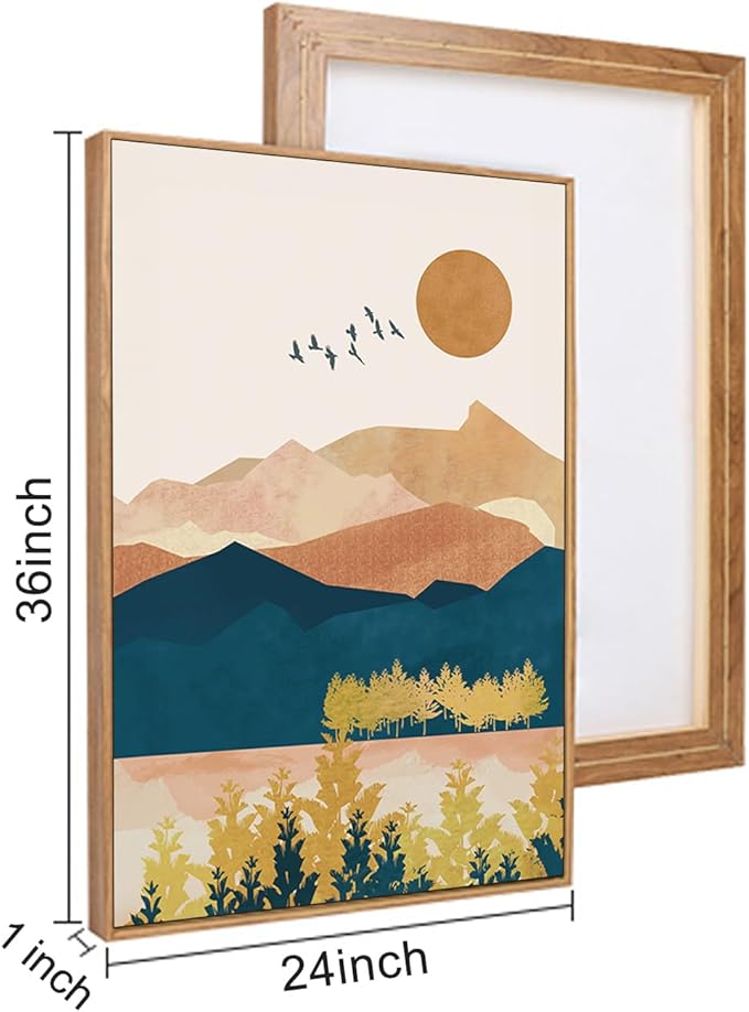 HPINUB Mountain Framed Canvas Wall Art Set, Mid Century Modern Wall Decor, Set of 3 Boho Artwork Nature Art Paintings, Bohemian Art Prints for Living Room, Bedroom, Dining Room, Office-24 x36 x3