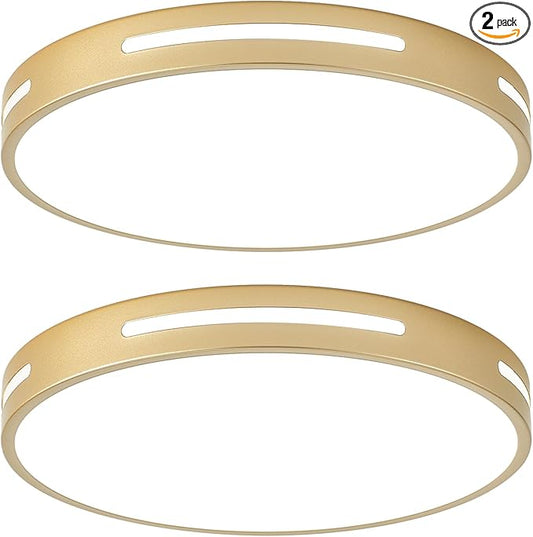 Gold LED Flush Mount Light Fixture - 15 inch, 36W Set of 2, Dimmable Kitchen Lighting, Modern Ceiling Mount for Bedroom, Bathroom, Living Room
