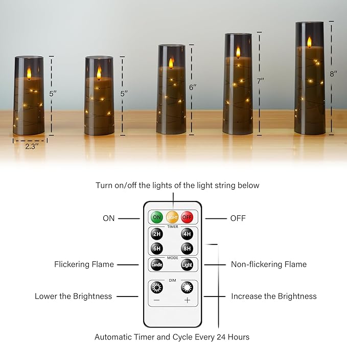 Flameless LED Candles with Timer 5 Pc Flickering Flameless Candles for Romantic Ambiance and Home Decoration Stable Acrylic Shell,with Embedded Star String,Battery Operated Candles(Grey)