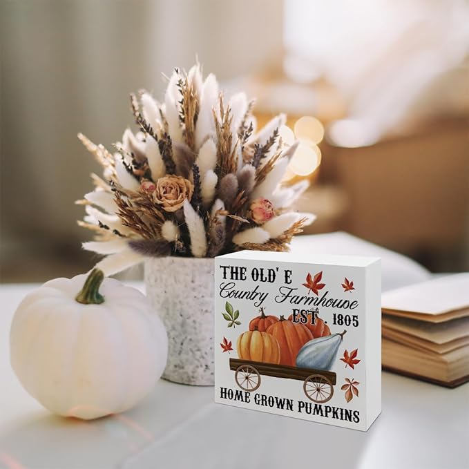 Country Style Fall Decor, Pumpkin Harvest Decors, Autumn Artwork, Farmhouse Home Farm Decors for Table Shelf, Rustic Wooden Box Sign, The Old's Country Farmhouse Wood Signs A4