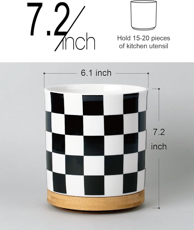 LoeJan 3 Compartment Utensil Holder, Extra Large Utensil Crock, Stable Ceramic Utensil Organizer, Cooking Tool Organizer Set for Kitchen Counter Farmhouse Decor (G-Black(Square))