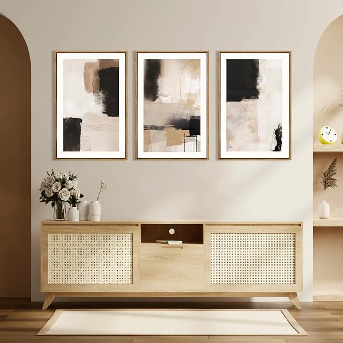 ANHUIB Neutral Abstract Wall Art Beige Modern Wall Decor 16x24 Inch Minimalist Black Paintings Set of 3 for Living Room Bedroom Dining Room