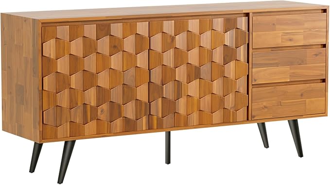 Bme Sideboard Georgina Solid Wood 2 Doors & 3 Drawers, 61'' Mid Century Modern Cabinet with Geometric Pattern for Kitchen, Dining, Living Room, Teak Brown