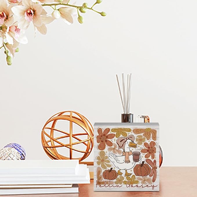 Feelin Goosey Fall Decorations for Home Office Funny Silly Goose Fall Decor, Autumn Pumpkin Goose Bow Decorations for House Gifts for Animals Lovers 5 x 5 inches (Tub 1701)